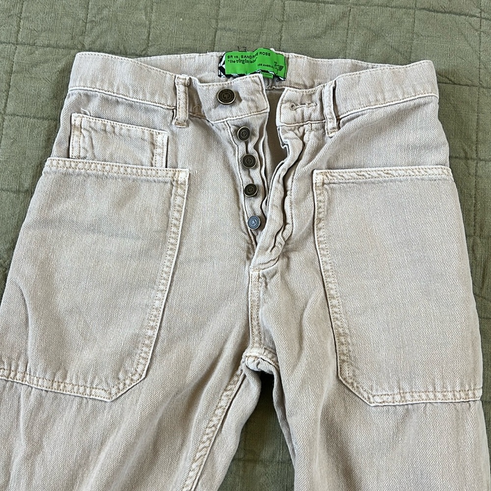 Sandrine Rose Free People Wide Leg Jeans Patch Pocket Buckle Pants Sand Size 26